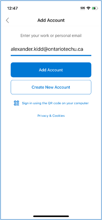 Microsoft Outlook on IOS add account page.